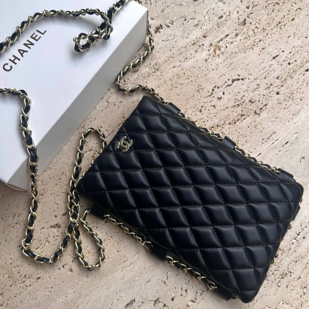 Black Quilted Chain Crossbody Bag with Attached Gold Chain; NIB